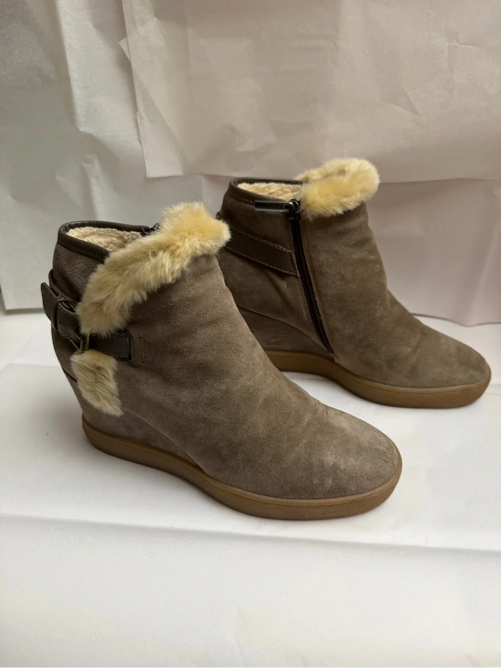 Aquatalia Taupe Suede Fur-Trim Ankle Boots